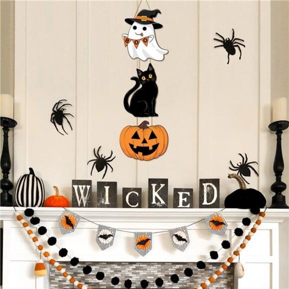 Halloween Ghost Black Cat Pumpkin Door Hanging Sign Decorations, 3 Plaques - Picture 6 of 8